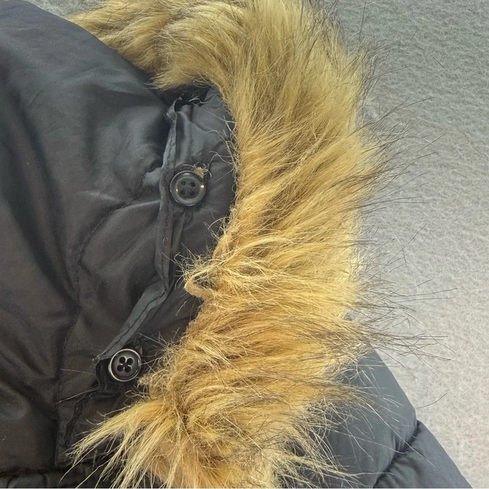 ZARA -‎ Girls black quilted hooded faux fur coat zip up black winter jacket SZ 8